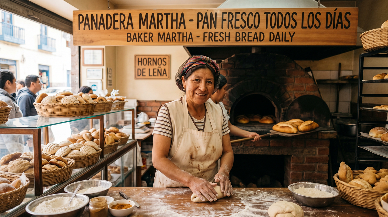bakery, preparing dough, woman, traditional baking, wood-fired oven, fresh bread, smiling, bakery activities, panadera martha, counter, baking supplies, homemade, baker, rustic, daily fresh, cheerful, flour, grain, commercial